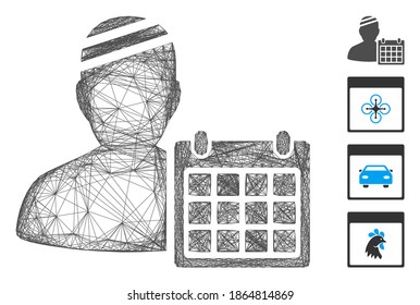 Vector network patient appointment calendar. Geometric linear frame 2D network made from patient appointment calendar icon, designed from intersected lines. Some bonus icons are added.