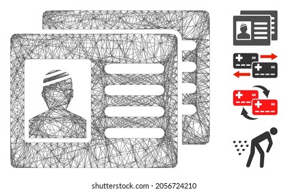 Vektor-Netzwerk-Patientenkarten. Geometrisches drahtloses Flachnetz, hergestellt aus dem Symbol für Patientenkarten, konstruiert aus Kreuzungslinien. Es werden einige Bonussymbole hinzugefügt.