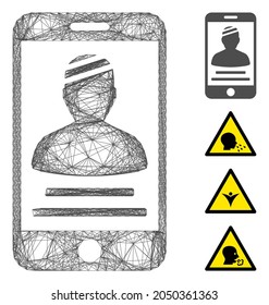 Teléfono móvil del paciente de la red de vectores. Red plana de canales lineales geométricas hecha a partir de icono móvil del paciente, diseñada a partir de líneas interseccionadas. Se añaden algunos iconos adicionales.