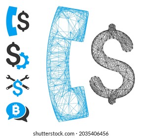 Llamada telefónica de pago de red de vectores. Red plana de marco lineal geométrica, hecha a partir del icono de llamada de teléfono de pago, diseñada a partir de líneas cruzadas. Se añaden algunos iconos adicionales.