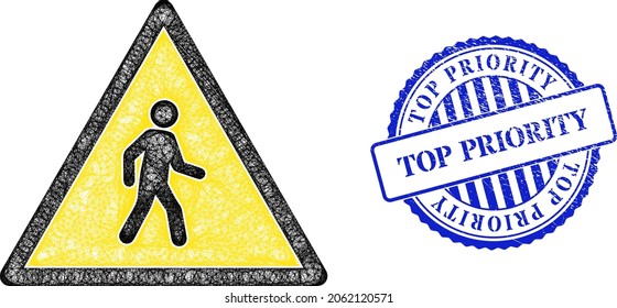 Vector network pedestrian man danger carcass, and Top Priority blue rosette dirty seal. Crossed carcass network image based on pedestrian man danger icon, created with crossed lines.