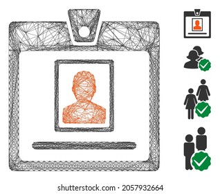 Vector network person badge. Geometric linear frame 2D network made from person badge icon, designed from crossed lines. Some bonus icons are added.