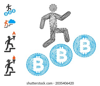 Vector network person climb Bitcoins. Geometric hatched carcass flat network generated with person climb Bitcoins icon, designed with crossed lines. Some bonus icons are added.