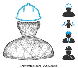 Persona de red de vectores en hardhat. Red plana de cable geométrico generada con persona en icono de hardhat, diseñada con líneas interseccionadas. Se añaden algunos iconos adicionales.