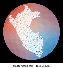 Vector network Peru map. Map of the country with low poly background. Rounded Peru illustration in technology, internet, network, telecommunication concept style. Radiant vector illustration.