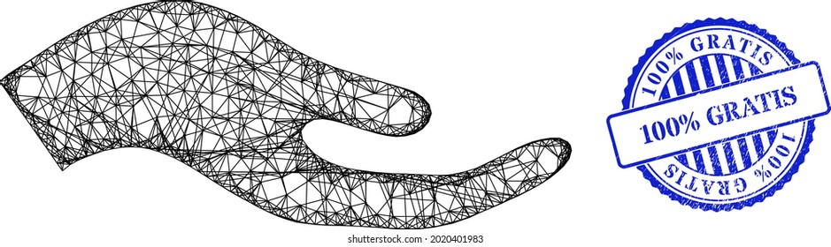 Vector network petition hand carcass, and 100 percents Gratis blue rosette dirty badge. Crossed carcass net illustration created from petition hand pictogram, created from crossed lines.