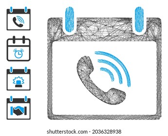 Día calendario de llamadas de red de vectores. Red plana de marco con tramas geométricas hecha a partir del icono del día del calendario de llamadas telefónicas, diseñada a partir de líneas cruzadas. Se añaden algunos iconos adicionales.