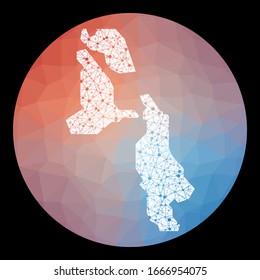 Vector network Pig Beach map. Map of the island with low poly background. Rounded Pig Beach illustration in technology, internet, network, telecommunication concept style. Superb vector illustration.