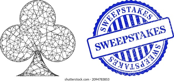 Vector Network Playing Card Club Suit Carcass, And Sweepstakes Blue Round Textured Stamp Seal. Wire Carcass Network Symbol Created From Playing Card Club Suit Icon, Created From Intersected Lines.