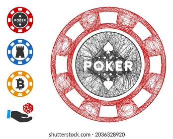 Vector network poker casino chip. Geometric linear carcass flat network generated with poker casino chip icon, designed with crossed lines. Some bonus icons are added.