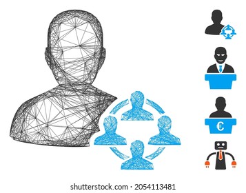 Vector network politics. Geometric wire carcass flat network generated with politics icon, designed with crossing lines. Some other icons are added.