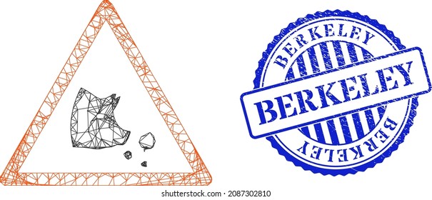 Vector network pork flu warning wireframe, and Berkeley blue rosette rubber stamp seal. Linear carcass network illustration designed with pork flu warning pictogram, made from intersected lines.