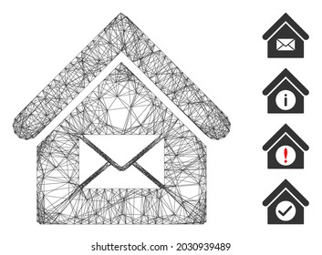 Vector network post office. Geometric wire carcass 2D network generated with post office icon, designed with crossed lines. Some bonus icons are added.