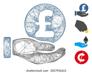 Vector network pound coin payment hand. Geometric wire frame 2D net generated with pound coin payment hand icon, designed with crossed lines. Some bonus icons are added.
