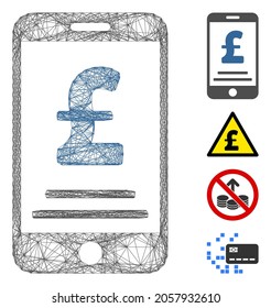 Vector network pound mobile payment. Geometric linear frame 2D network generated with pound mobile payment icon, designed with crossing lines. Some bonus icons are added.