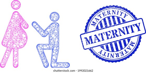 Vector network pregnant woman engagement model, and Maternity blue rosette dirty stamp seal. Hatched frame network image designed with pregnant woman engagement pictogram, made with intersected lines.