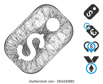 Etiqueta de precio de red de vectores. Red 2D de canales con eclosión geométrica hecha a partir del icono de etiqueta de precio, diseñada a partir de líneas interseccionadas. Se añaden algunos iconos adicionales.