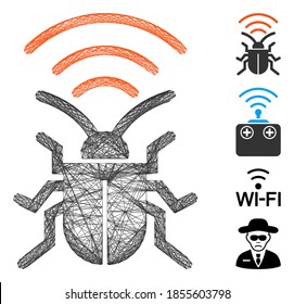 Vector network radio bug. Geometric linear carcass 2D network made from radio bug icon, designed from crossed lines. Some bonus icons are added.