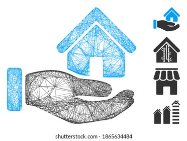 Vector network real estate offer hand. Geometric wire carcass 2D network made from real estate offer hand icon, designed from intersected lines. Some bonus icons are added.