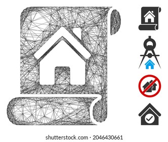 Vector network realty description roll. Geometric linear carcass flat network made from realty description roll icon, designed from intersected lines. Some additional icons are added.