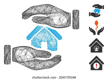 Manos de seguro de reposo de red de vectores. Red plana de canal lineal geométrica generada con icono de mano de seguro de reactivo, diseñado con líneas cruzadas. Se añaden algunos iconos adicionales.