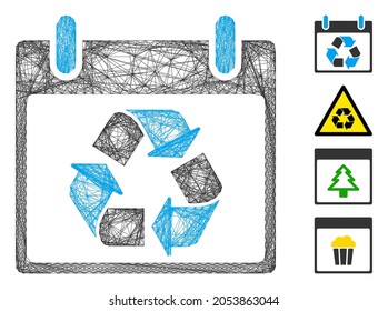 Vector network recycle calendar day. Geometric linear frame 2D network made from recycle calendar day icon, designed from crossing lines. Some bonus icons are added.