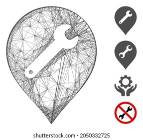 Vector network repair marker. Geometric wire frame 2D network generated with repair marker icon, designed with crossed lines. Some additional icons are added.