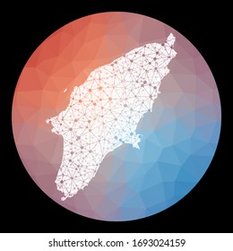 Vector network Rhodes map. Map of the island with low poly background. Rounded Rhodes illustration in technology, internet, network, telecommunication concept style. Appealing vector illustration.