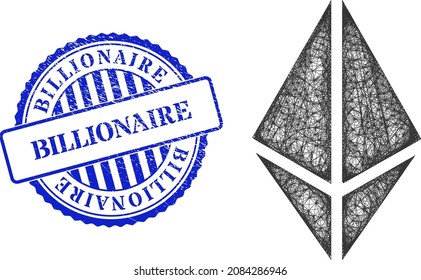 Vector Network Rhombus Crystal Framework, And Billionaire Blue Rosette Rubber Stamp Seal. Crossed Frame Net Image Created From Rhombus Crystal Icon, Is Created With Crossing Lines.