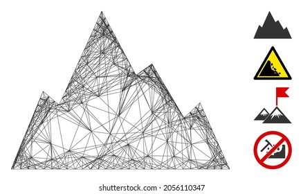 Vector network rock mountain. Geometric linear frame flat network generated with rock mountain icon, designed with crossed lines. Some bonus icons are added.