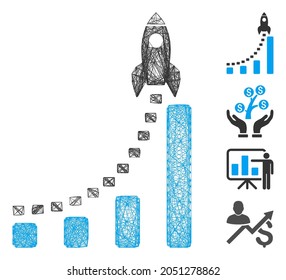 Vector network rocket business start. Geometric linear carcass flat network generated with rocket business start icon, designed with crossed lines. Some similar icons are added.