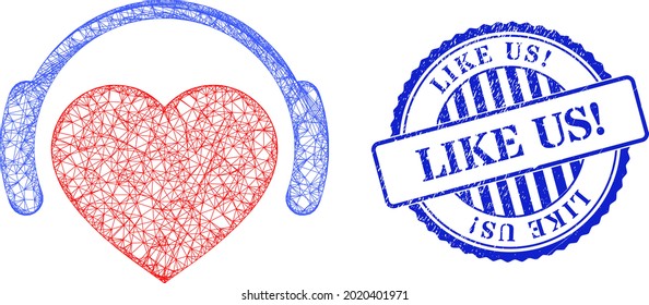 Red de vectores romántico corazón DJ de canal, y como nosotros la exclamación rosette azul sucia de imitación de sello. El símbolo de red de canal cruzado diseñado con un icono romántico de DJ de corazón, se genera con líneas cruzadas.