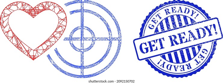 Vector network romantic heart target frame, and Get Ready blue round corroded badge. Crossed frame network image created from romantic heart target icon, created with crossing lines.