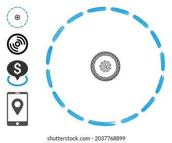 Área redonda de la red de vectores. Red 2D de marco de alambre geométrico generada con un icono de área redonda, diseñado con líneas de cruce. Se añaden algunos iconos adicionales.
