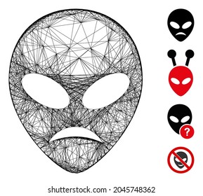 Vector network sad alien head. Geometric hatched frame flat net generated with sad alien head icon, designed with intersected lines. Some bonus icons are added.