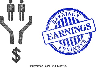 Vector network sales funnel model, and Earnings blue rosette textured seal. Wire carcass net symbol created from sales funnel pictogram, is created from crossed lines.