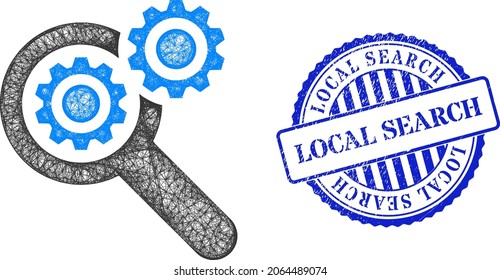 Vector network search engine model, and Local Search blue rosette rubber seal print. Crossed carcass network image created from search engine pictogram, is made from crossed lines.