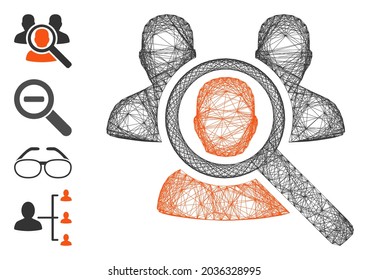 Vektor-Netzwerk-Suchpatient. 2D-Netz der geometrischen geschlüpften Schlachtkörper aus dem Icon des Suchpatienten, entworfen aus Schnittlinien. Es werden einige Bonussymbole hinzugefügt.