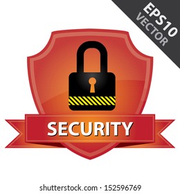 Vector : Network Security, Privacy or Top Secret Concept Present By Red Glossy Style  Lock Shield Icon With Red Security Ribbon Isolated on White Background 