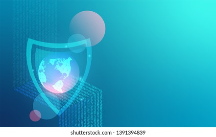 Vector network security technology background. Global data protection net and internet. Digital data as digits binary code, shield earth on blue background.