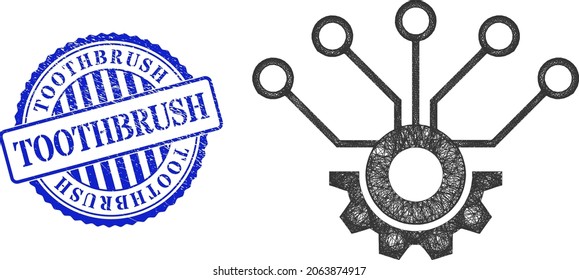 Vector network sensor hardware carcass, and Toothbrush blue rosette corroded stamp seal. Linear carcass network illustration created from sensor hardware icon, is made from intersected lines.