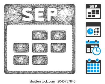 Vector network September calendar grid. Geometric wire frame 2D network generated with September calendar grid icon, designed with intersected lines. Some bonus icons are added.