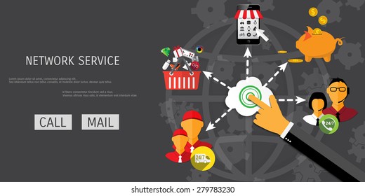 Vector network service concept illustration. Freelance job. Internet working. E-commerce and internet banking.