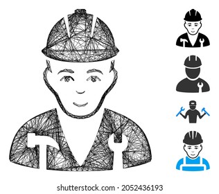 Vector network serviceman. Geometric linear carcass flat network generated with serviceman icon, designed with crossed lines. Some additional icons are added.