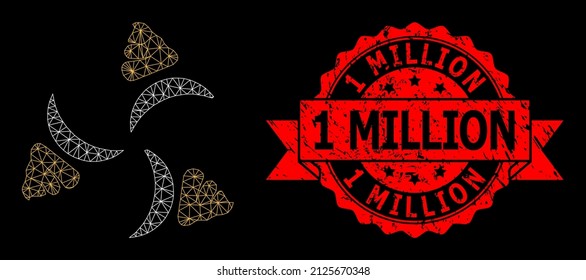 Imagen del ventilador de mierda de la red de vectores con una huella de sello impura de 1 millón en un fondo negro. El sello rojo contiene 1 millón de etiquetas dentro de la cinta. Estructura de malla basada en la foto del ventilador de mierda,