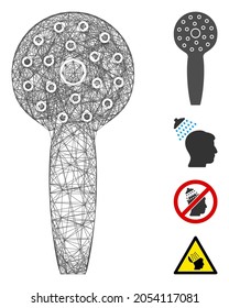 Cabezal de ducha de red de vectores. Red 2D de canal con eclosión geométrica generada con icono de cabezal de ducha, diseñada con líneas cruzadas. Se añaden algunos iconos adicionales.