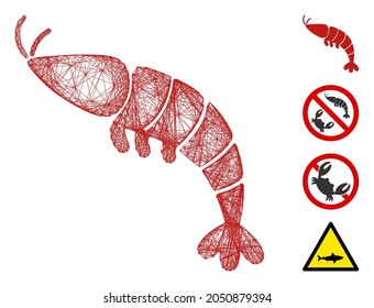 Vector network shrimp. Geometric wire frame flat network generated with shrimp icon, designed with crossing lines. Some bonus icons are added.