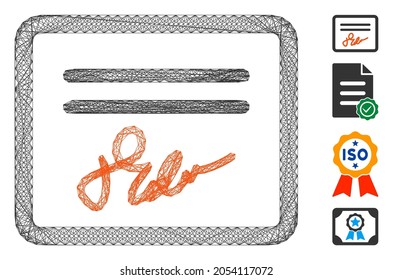 Vector network signature certification. Geometric wire frame 2D network made from signature certification icon, designed from crossing lines. Some bonus icons are added.