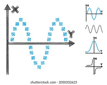 Vector network sinusoid plot. Geometric wire frame 2D net generated with sinusoid plot icon, designed with crossing lines. Some additional icons are added.