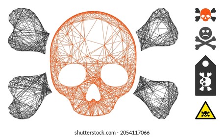 Vector network skull and bones. Geometric linear carcass flat network made from skull and bones icon, designed from crossing lines. Some bonus icons are added.